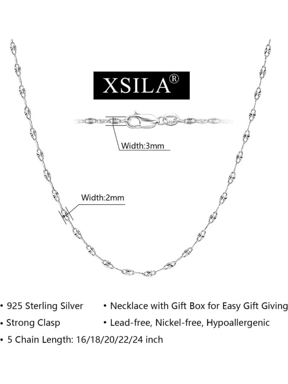925 Sterling Silver Women's Necklace - Adjustable 16-24 Inches, Elegant Jewelry